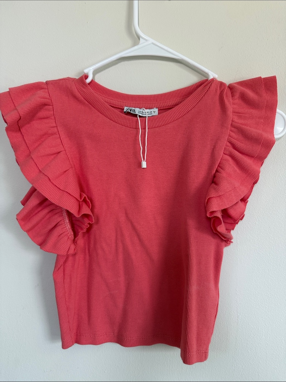 Zara Coral Ruffle-Sleeve Ribbed Top